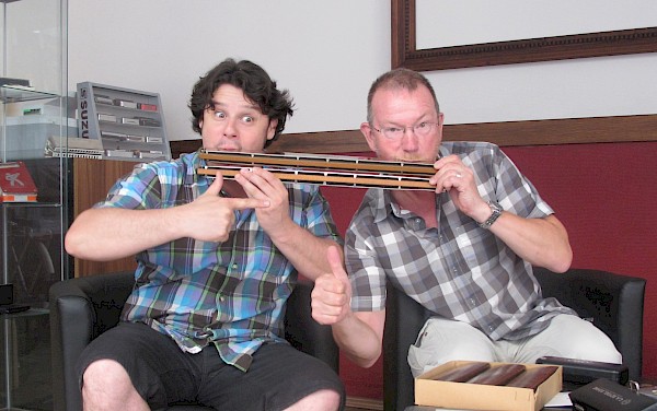 Patrick in Budapest with Matyas Pribojszjki Hungary's top blues harmonica player.