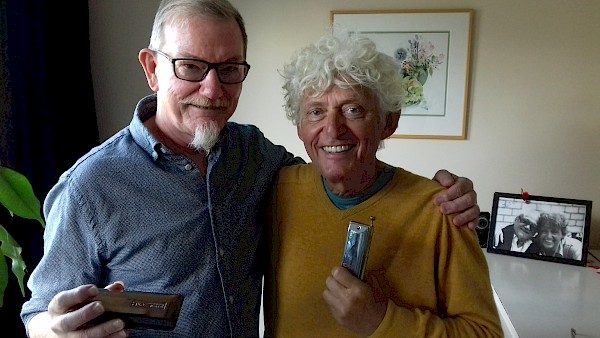 Patrick with Tim Welvaars, amazing Dutch harmonica teacher who studied with Toots Thielemans [see photo in background]